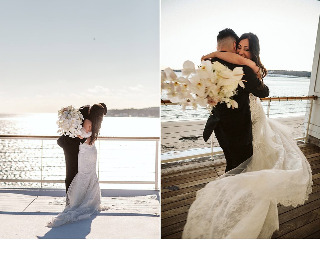 Bride and groom embrace by the coast at their Nahant wedding in Boston