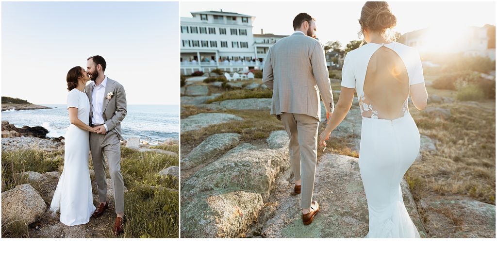 Bridal couple by the shore at their New England wedding venue.